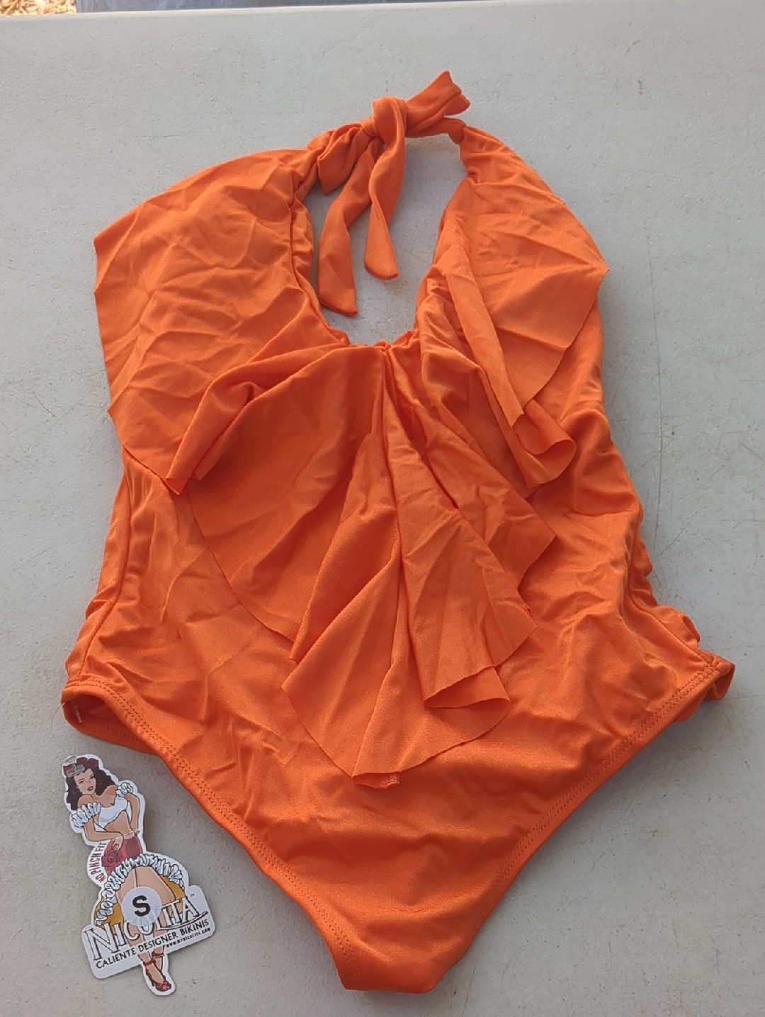 Nicolita Bright Orange Halter Ruffle One-Piece Swimsuit
